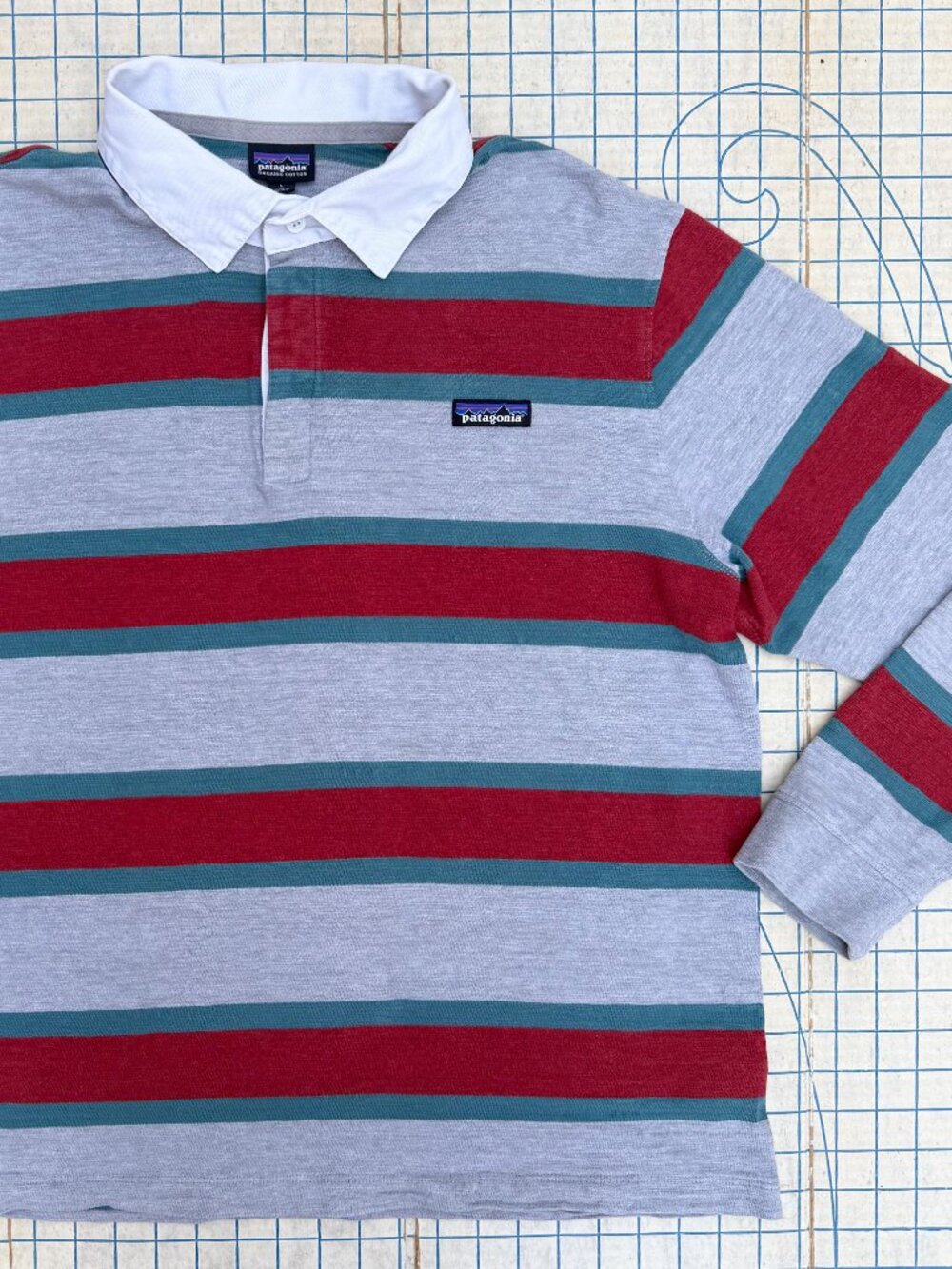 Vintage Patagonia Mens Striped Cotton Rugby Shirt Long Sleeve Polo Box Logo 90s